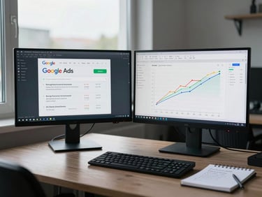 Wide environmental shot, cool daylight from a side window, a tidy desk workspace mid-session — dual monitors showing Google Ads keyword performance and a conversion funnel graph, a notepad with handwritten numbers beside the keyboard, no faces, active-work atmosphere