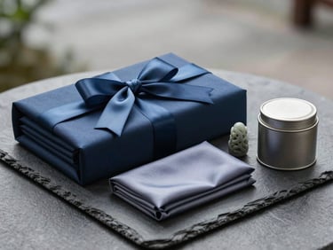 Three-quarter environmental shot of a composed corporate gift arrangement—folded silk, a small carved stone piece, and a tea tin—resting on a dark slate surface in overcast natural light, no ribbon or staged bow