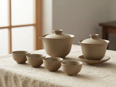 Three-quarter view of a Chinese artisan ceramic tea set on a linen cloth, natural diffused window light, clay texture visible, minimal background, no studio styling