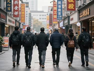 Wide street-level view of a Chinese commercial district, delegation group walking ahead seen from behind, signage and storefronts visible in natural daylight, documentary travel framing with environmental depth