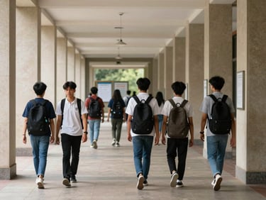University corridor with genuine student activity, wide environmental shot showing architectural detail and natural daylight, students walking with bags, notice boards visible in background, documentary framing