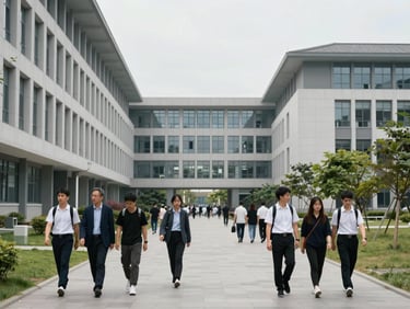 Wide environmental photograph of a modern Chinese university campus path, students and professionals walking between institutional buildings, overcast natural light, wide angle with architectural context, documentary framing