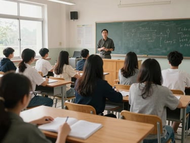 Wide view of a classroom mid-lesson, teacher standing at the board while students engage at desks, natural window light falling across exercise books open on a wooden table, documentary framing with visible institutional setting