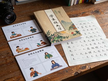 Overhead documentary shot of Chinese language learning materials—illustrated reference cards, a bound cultural primer, and a calligraphy practice sheet—spread on a worn wooden desk under natural light