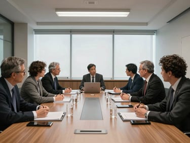 Wide shot of a corporate boardroom table viewed from one end, executives in conversation with documents open, overhead fluorescent and natural window light mixing, no posed expressions, documentary candid framing