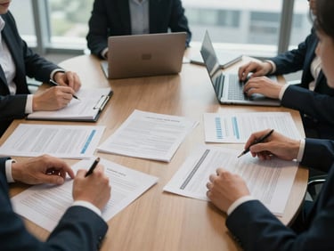Overhead view of a boardroom table in active use, printed reports and open laptops visible, hands of participants gesturing over documents, overcast institutional light through large windows