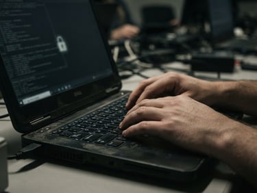 Close-up of a hand typing on a laptop keyboard in a dimly lit, secure environment, with a lock icon subtly overlaid on the screen, natural high-contrast lighting, desaturated realistic tones, 35mm lens, candid documentary style