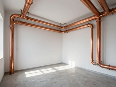 A wide architectural shot of a pristine home mechanical room, perfectly aligned copper piping glowing under clean natural light, immaculate white walls, zero clutter.