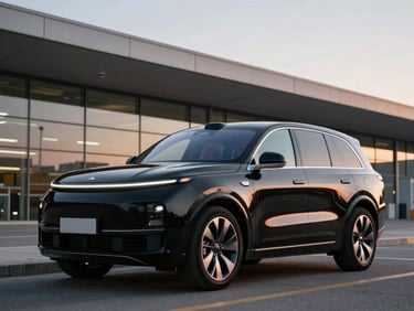 Sleek black premium SUV parked near Marseille Provence Airport, crisp twilight lighting, reflecting clean architectural lines