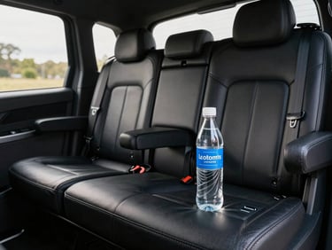 Intérieur cuir d'un van business noir haut de gamme, climatisation individuelle active, chargeurs USB visibles, bouteille d'eau et finitions soignées.