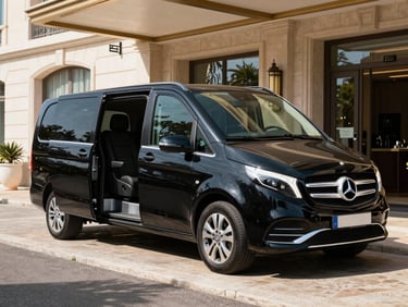 Black Mercedes-Benz V-Class business van parked at a luxury hotel entrance in Marseille, bright natural daylight, spacious side door open