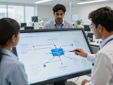 Medium environmental shot of professionals analyzing a complex municipal workflow diagram on a large touchscreen in a bright Bengaluru lab.