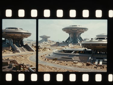 A high-contrast cinematic film plate showing a science fiction landscape with integrated 3D structures, matte painting details, wide format