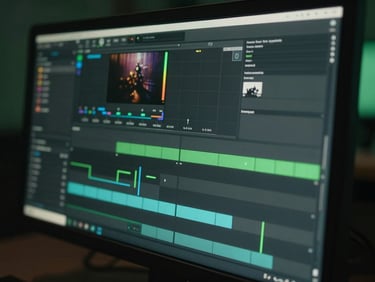 Extreme close-up of a high-end color grading suite monitor, a node-based compositing graph visible on screen with moody green ambient backlighting, cinematic letterbox framing.