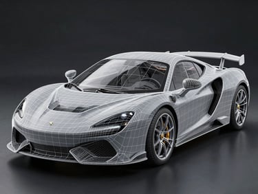 A close-up of a 3D wireframe mesh of a luxury sports car transitioning into a photorealistic render under dramatic studio lighting