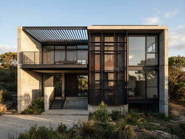 Wide-angle architectural photograph of a raw concrete and steel residential facade, sharp geometric shadows cast by late afternoon sun, minimalist structural lines.