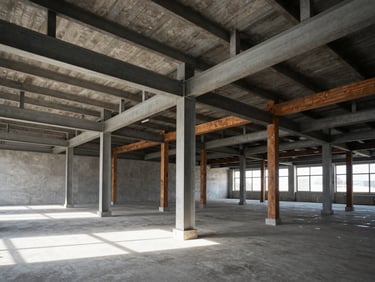 Wide-angle interior of a renovated commercial space with exposed steel beams and heavy timber framing, natural light, 35mm
