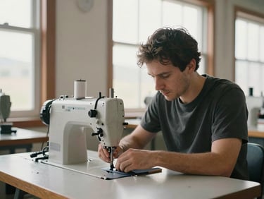 A skilled craftsman adjusting a heavy-duty sewing machine in a bright Wyoming workshop, soft natural light streaming through large windows, industrial details.