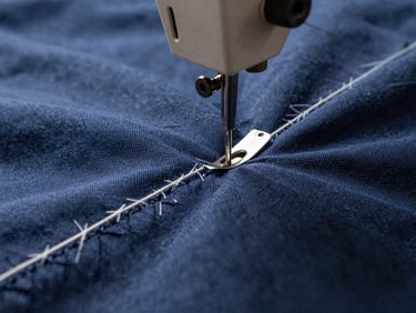 A close-up of heavy-duty sewing needles stitching a thick navy blue canvas jacket. Soft side-lighting highlights the raw texture of the fabric and precise thread lines.