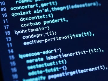 Close-up macro shot of a complex code block on a glowing digital screen, neon-cyan syntax highlighting, high-contrast tech aesthetic, dark background