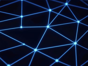 Abstract data visualization with glowing neon-indigo lines and nodes against a dark background, representing network traffic and analytics, sharp high-contrast