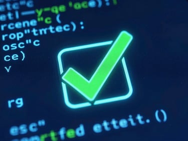 Close-up of a glowing digital screen displaying a green checkmark icon over a complex code block, sharp neon-cyan lighting, high-contrast tech aesthetic.