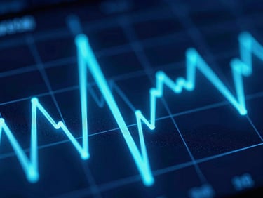 Macro shot of abstract data visualization showing health metrics, glowing neon-cyan and indigo lines, dark background, high-contrast tech aesthetic.