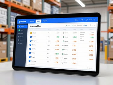 Crisp digital dashboard mockup showing clean inventory flows, stock levels, and real-time scanning data with modern UI elements.