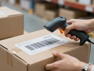 Close-up of hands scanning a barcode label on a neatly packed cardboard box with a professional handheld scanner, warm orange indicator light.