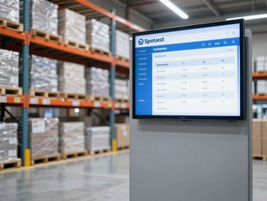 Spotless warehouse returns station with organized shelving, bright professional lighting, and a clear digital screen showing inventory status.