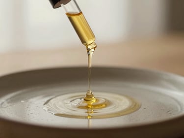 Golden liquid botanical oil dripping from an amber glass dropper, creating soft ripples on a ceramic dish, warm diffused lighting