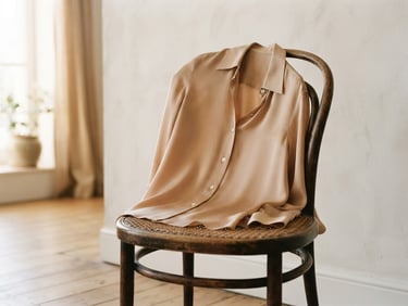 Elegant silk blouse draped over a vintage wooden chair, soft warm morning daylight, minimalist editorial composition, 35mm film texture