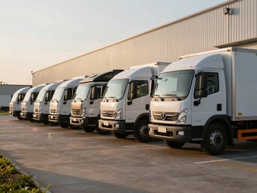 A modern, clean agricultural distribution facility with refrigerated transport trucks lined up at early morning, crisp low-angle sunlight casting long shadows.