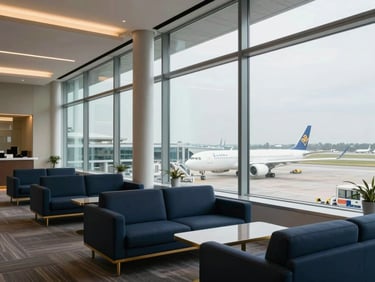 Modern airport executive lounge with wide glass windows looking out to aircraft on the tarmac, cool daylight, premium atmosphere