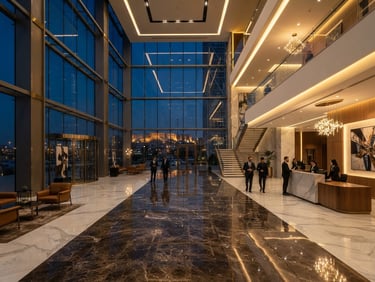 Wide angle architectural photograph of a modern glass skyscraper lobby in Erbil at dusk, sharp golden interior lighting reflecting on polished marble floors, clean lines, professional atmosphere