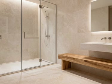 Elegant modern bathroom with a walk-in shower, flush slate floor, smooth oak bench, warm natural light, no clinical metal bars, 35mm.