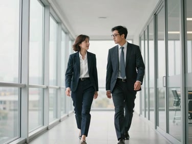 Two executives in conversation walking through a bright, minimalist glass corridor, 35mm