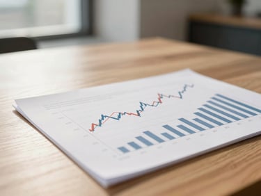 Editorial corporate photography, close-up of financial charts on a wooden table, warm sunlight, shallow depth of field