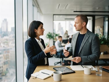 editorial corporate photography, modern bright office, two professionals in an unposed strategic discussion near a window, soft natural daylight, shallow depth of field, 35mm