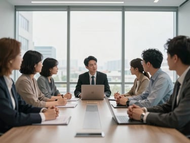 A collaborative team meeting around a sleek conference table in a modern architectural office, natural daylight, 35mm