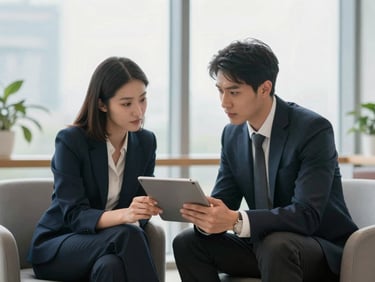 Two business partners discussing over a tablet in a quiet lounge, natural window light, professional setting