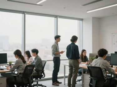 Modern bright office interior, professionals collaborating in the background, soft daylight, 35mm