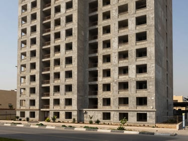 Wide environmental exterior of a completed mid-rise residential building in Cairo — concrete facade, window reveals, and ground-level landscaping under flat daylight, full structure visible from across the street