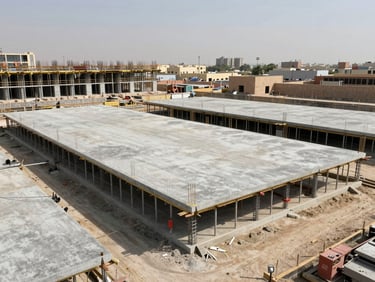 Wide overhead coordination view of a commercial construction site in Egypt — concrete floor plates, column grid, and MEP rough-in visible under bright midday site lighting, organized and uncluttered