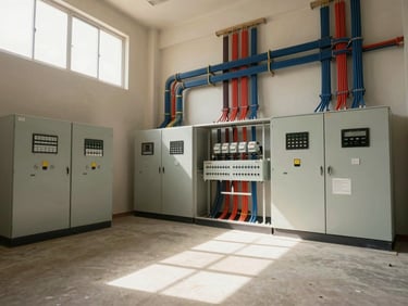 Wide interior shot of a completed electrical room — cable trays, switchgear panels, and conduit runs in a newly commissioned Egyptian commercial building, natural daylight from a high window, precise system layout visible