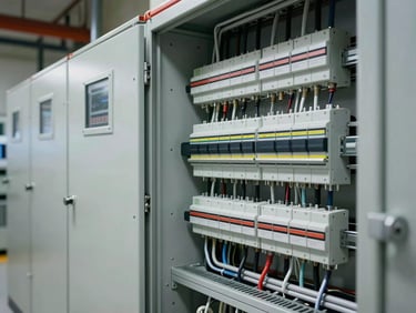 Close technical detail shot of an electrical distribution room inside a completed commercial building — cable trays, circuit breaker panels, conduit runs, photographed under site tungsten lighting, no people, precision installation visible