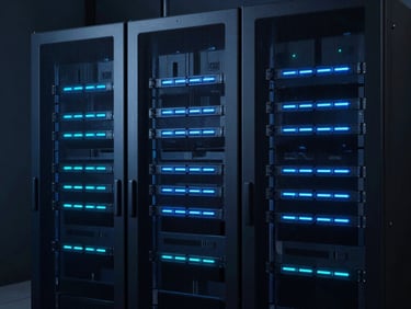 Clean, modern server racks with soft blue and electric cyan LED indicators in a dark server room, technical precision, 35mm lens.