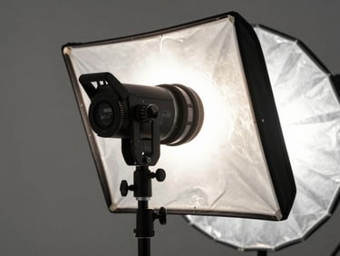 Close-up of a photography studio strobe head mounted on a C-stand, large rectangular softbox attached, silver reflector visible in background, clinical studio lighting, no people, shot from below looking up at the light source