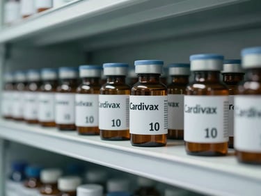 Side-angle shot of a pharmaceutical bottle labeled Cardivax 10 on an organized clinical shelf, cool daylight, high contrast, no people