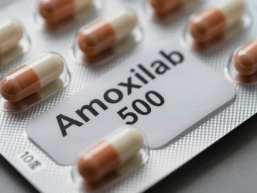 Close-up detail of pharmaceutical capsule packaging labeled Amoxilab 500 on a flat matte surface, studio lighting, crisp label legibility, no hands